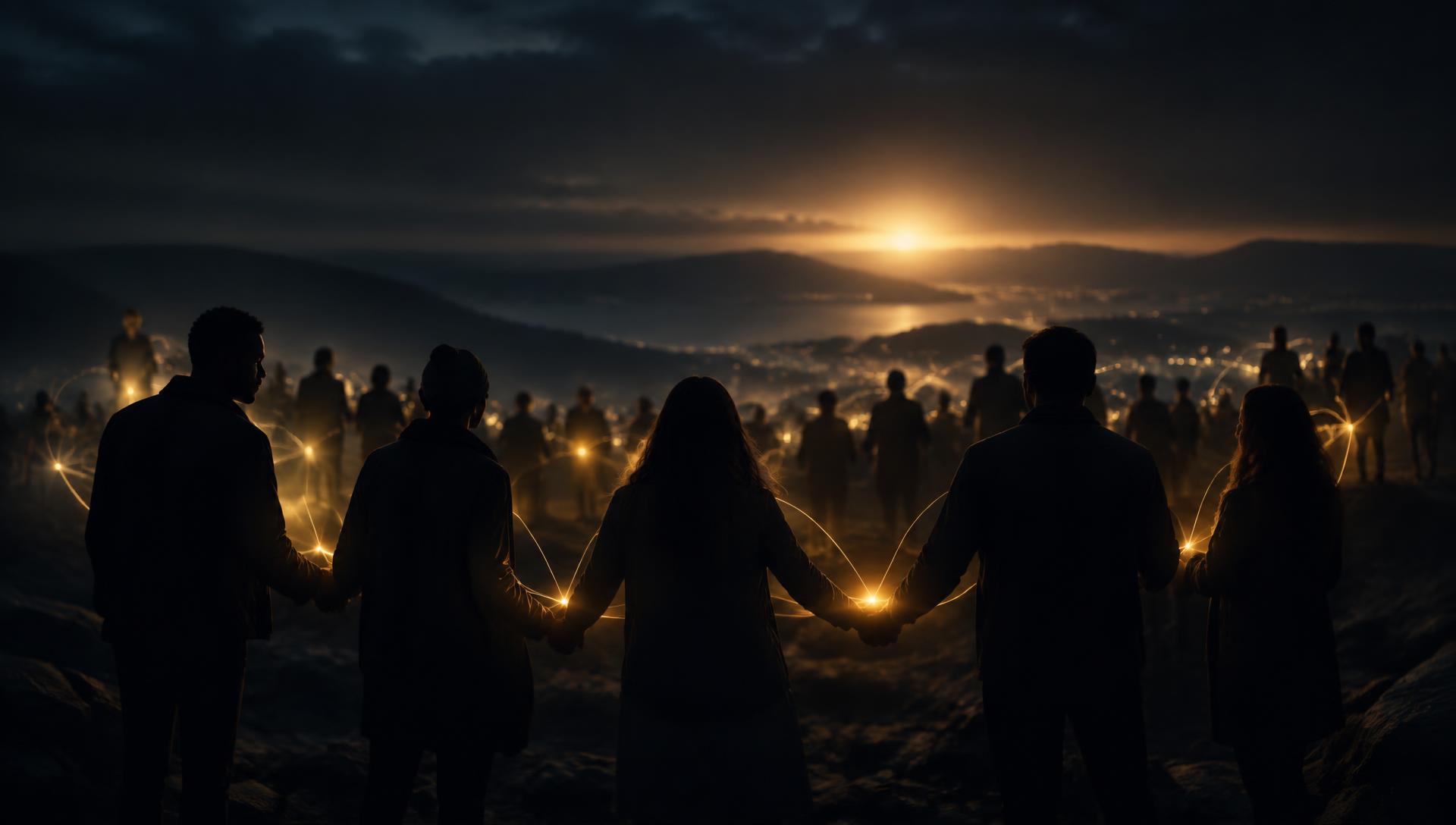 Silhouettes of people connected by threads of warm light against a dark landscape, representing the TRAUMALITY community coming together