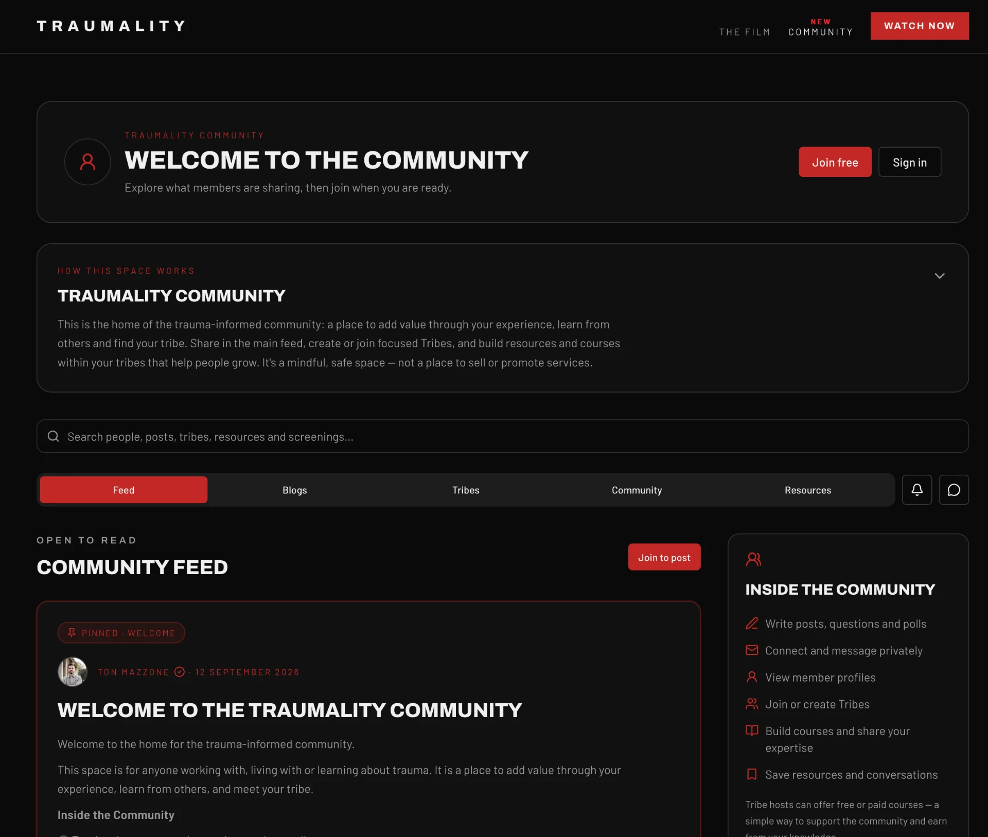 The TRAUMALITY community homepage, showing the community feed, blogs, spaces, directory and resources
